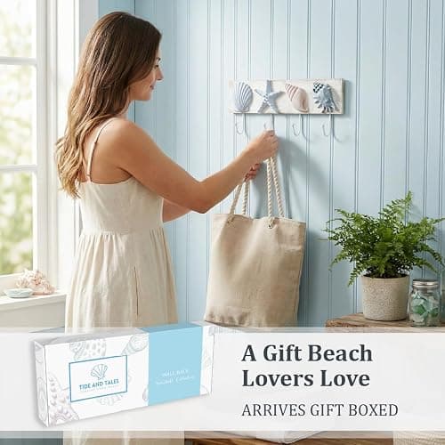 TideAndTales Beach Decor Seashell Wall Hooks Towel Rack for Bathroom, Bedroom or Kitchen | 4 Strong Hooks | Ocean Theme Beach House Decor thumbnail 9