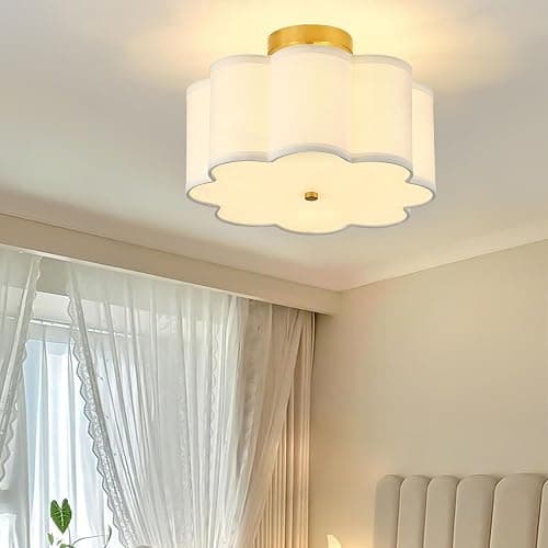 Giutna 13.3"Semi Flush Mount Ceiling Light Fixture, 3-Light Modern Close to Ceiling Light With Fabric Flower-Shaped Shade, Light Fixtures Ceiling Mount for Bedroom Nursery Kids Room Living Room(Gold) thumbnail 3