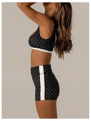 Milumia Women's Padded Polka Dots Workout Set 2 Piece Color Block Bra Tank High Waisted Biker Shorts Matching Yoga Outfit thumbnail 2