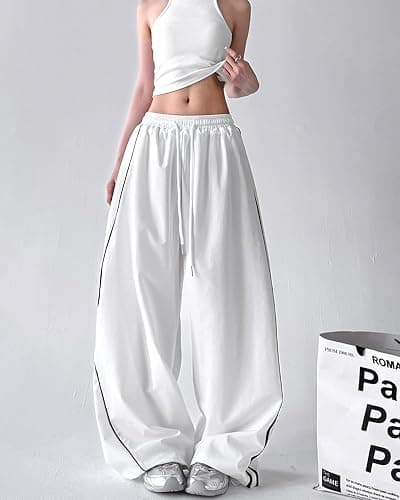 Unotobe Women's Y2K Baggy Parachute Pants High Waist Wide Leg Track Pants | Side Stripes Lightweight Cargo Joggers with Loose Fit Drawstring Elastic Waistband for Streetwear thumbnail 4