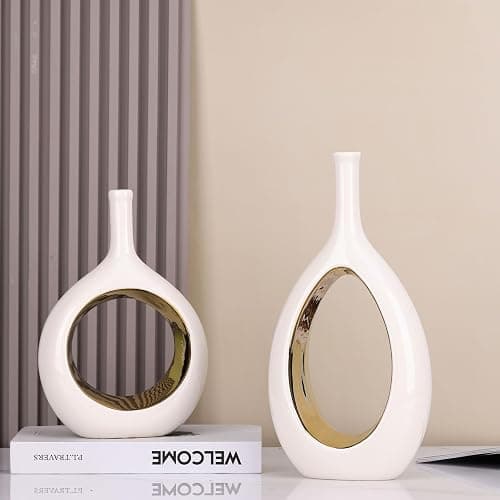 White and Gold Vase Ceramic White Vases Home Decor,Modern Minimalist Circle with Hole Decorative Vase, Hollow Ellipse Flower vases for Bookshelf, Fireplace Mantle, Centerpieces,Farmhouse,Rustic Décor thumbnail 6