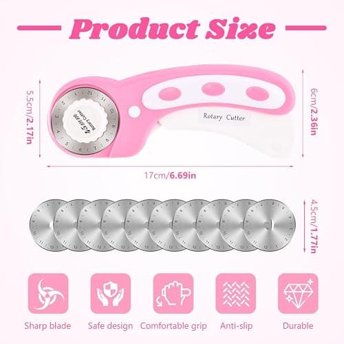 45mm Rotary Cutter for Fabric with 10pcs Replacement Blade, Rolling Fabric Cutter Crochet Edge Skip Stitch Blade for Quilting Crafts Sewing(COLOR:pink) thumbnail 2