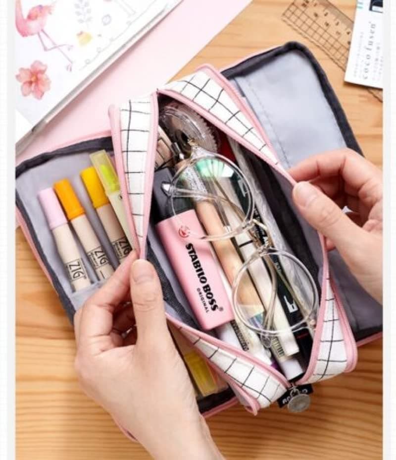 Zipper Pencil Case Large Capacity Storage Bag School Stationery Makeup Organizer, Expandable, Multi-Function with Mesh Pockets, Elastic Slots thumbnail 4