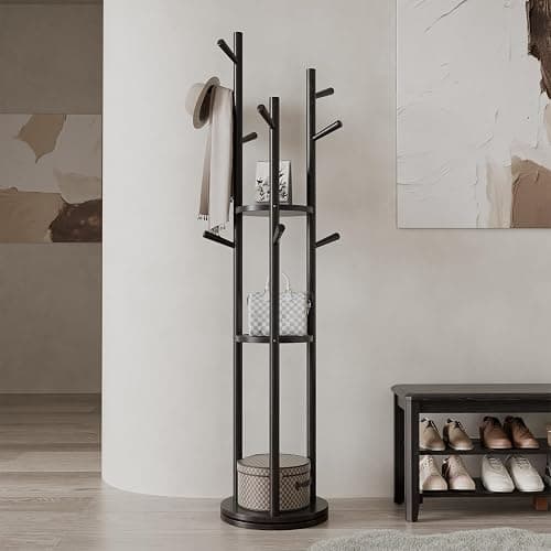 Muwuele Solid Wood Rotary Coat Rack, Freestanding Coat Rack with 3 Shelves and 9 Hooks, Coat tree for Bedroom, Entryway, Livingroom, Coat Hanger Stand for Coats, Scarves, Handbags (Black) - Image 1