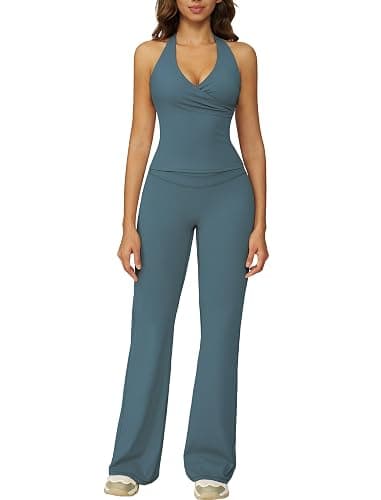 Womens Two Piece Workout Sets Wrap Halter Tank Top Matching High Waist Flared Leggings Yoga Pilates Outfits - Image 1