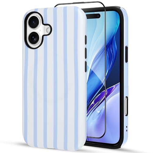 SOKAD Magnetic Vertical Stripes Phone Case for iPhone 17, Cute Light Blue Striped Line Pattern Compatible with Magsafe Matte Protective Case Cover with Screen Protector for Girls Women thumbnail 2