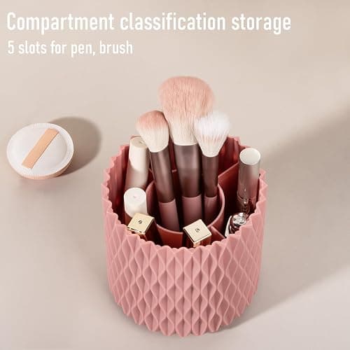 Anyoifax Makeup Brush Holder Organizer 361°Rotating Make Up Brushes Container for Vanity, Spinning Cosmetics Storage Cup, Ripple Pink thumbnail 4