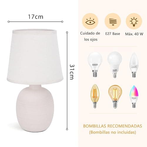 Aigostar Keramik-Tischlampe mit Elegantem Design, Nachttischlampe mit Stoffschirm, E14 Fassung, Kabelschalter, für Schlafzimmer, Wohnzimmer, Geschenk - H31cm (Aprikosenfarbe) thumbnail 3