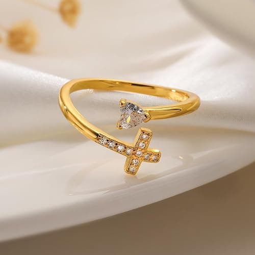 cmoonry 14K Gold Plated CZ Cross Heart Ring Eternity Promise Jewelry for Her thumbnail 3