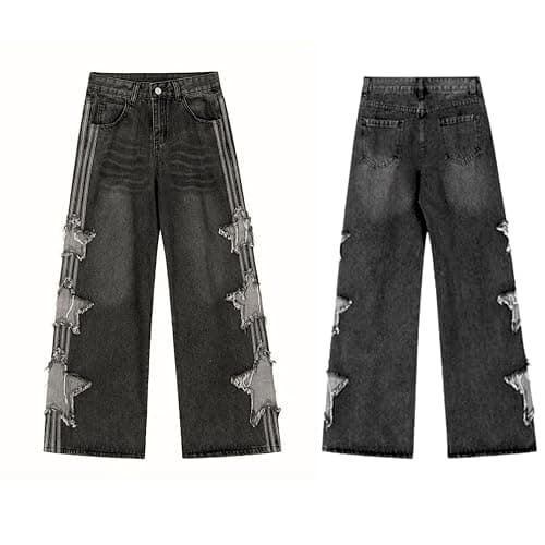 PEAINJ Star Jeans for Women Girls Baggy Cute Patchwork Denim Pants | Y2K Jean Pants,2000s Baggy Star Jeans,High Rise,Classic 4 Pockets,Grunge Trendy Clothes,Casual Aesthetic Outfits thumbnail 5