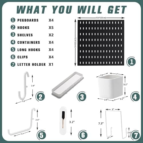 MULSAME Pegboard Combination Kit, 25.2" x 25.2" Wall Mounted Storage Set with 4 Pegboards & 20 Accessories Hanging, Peg Boards Organizer thumbnail 4