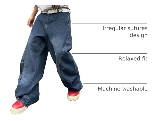 DFGIGT Men's Irregular Sutures Y2k Hip Hop Baggy Jeans Wide Leg Denim Pants Casual Loose Fit Trousers Streetwear thumbnail 4
