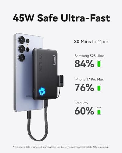 INIU 45W Fast Charging Portable Charger, 40% Smaller 10000mAh with Detachable Cable, Flight-Safe Travel Power Bank, USB C External Phone Battery Pack for iPhone 17 16 Pro iPad Samsung S26 Google etc thumbnail 3
