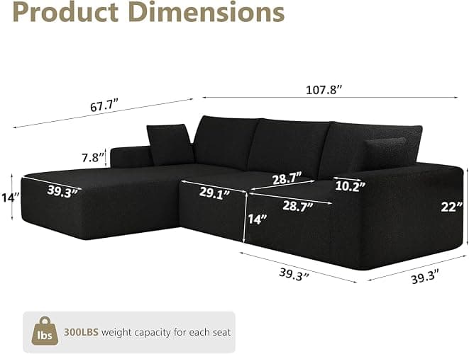 108”Modular Sectional Sofa, 4 Seat Cloud Sectional Couch for living Room with Deep Seat, Modern L-Shape Couch with Oversized Chaise, Upholstered Couches with Waist Pillows, No Assembly Required(Black) thumbnail 2