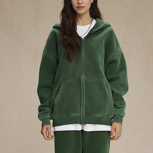 Talakeno Womens Double Zip Up Hoodies Oversized Heavyweight Fleece Sweatshirt Acid Wash Hoodie Vintage Distress Cotton Jacket thumbnail 4