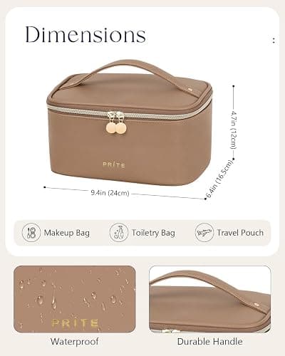 Prite Makeup Bag Portable Cosmetic Organizer with Brush Holder Waterproof Travel Toiletry Bag for Women with Handle and Divider (Brown) thumbnail 6