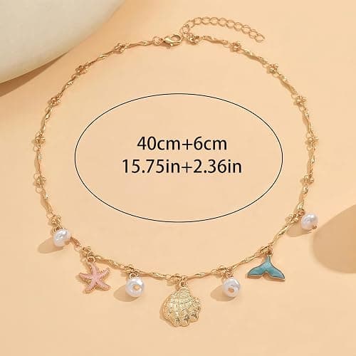 Shell Starfish Necklace for Women, 14k Gold Plated Boho Layered Beaded Charm Pendant Necklace, Dainty Adjustable Pearl Conch Summer Beach Vacation Jewelry Gifts thumbnail 7