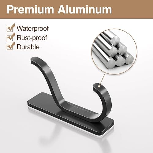 BATHROOM | Amazon | Adhesive Wall Hooks for Towels Coats - Stick On Hooks Hanging Heavy Duty (13lb), Metal Hook for Door, Bathroom, Dorm, Closet - Hanger for Purse, Bag, Robe,Backpack - No Damage to Wall - Black 4 Pack - Black - 4 Pack thumbnail 5