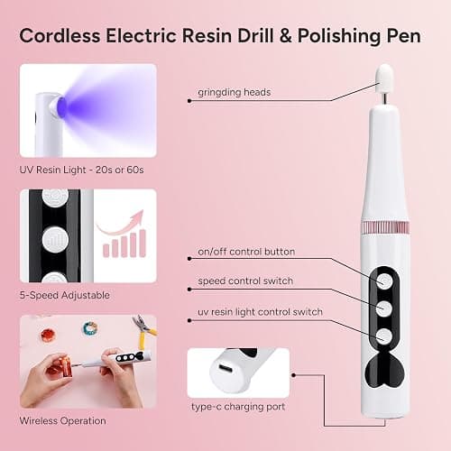 Resin Polishing Kit, Winartton Cordless Rotary Tool Kit for Resin Molding, Manicure, Wooden DIY Crafts, Electric Resin Drill with UV Light, 5-Speed Adjustable, 138 PCS Jewelry Making Kit thumbnail 3