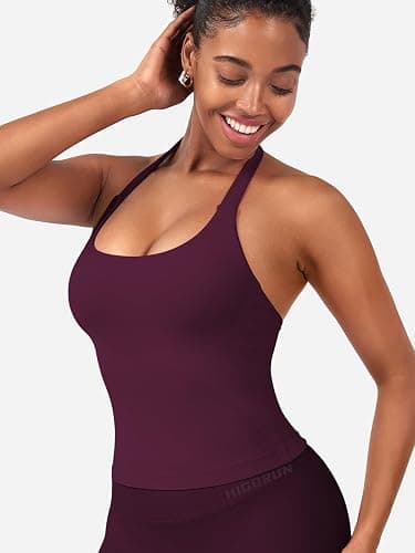 HIGORUN Halter Impact Tank Tops for Women Y2K Workout Longline Crop Tops with Built in Bras Open Back Going Out Gym Top thumbnail 3