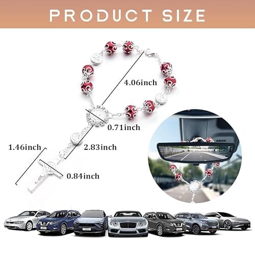 Ohleats Car Rosary for Rearview Mirror, Personalized Rear View Cross Blessing Beads Decor, Auto Rearview Catholic Rosary Hanging Pendant, Car Interior Hanging Accessories (Red) thumbnail 2