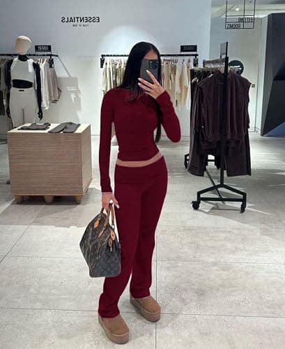 AYWA Women's 2 Piece Outfits Foldover Flare Pants Long Sleeve Crew Neck T-shirt Fitted Pajama Sets thumbnail 2