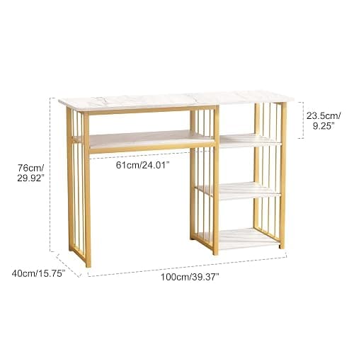 Zucebos Nail Desk with 3-Tier Shelves, Modern Manicure Table with Marble Top and Gold Frame, Nail Tech Desk for Beauty Salon Spa White thumbnail 3