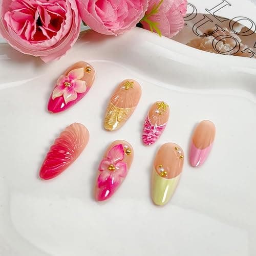 24Pcs French Tip Press on Nails Medium Almond Fake Nails with Gold Shell Starfish Rhinestones Summer False Nails Pink Hawaii Flower Acrylic Nail Cute Glue on Nails Floral Stick on Nail for Women thumbnail 6