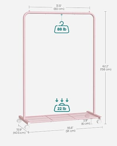 SONGMICS Clothes Rack with Wheels, Clothing Rack for Hanging Clothes, 25.4mm Metal Garment Rack with Dense Mesh Storage Shelf, 110 lb Load Capacity, 2 Brakes, Pink UHSR025P01 thumbnail 3