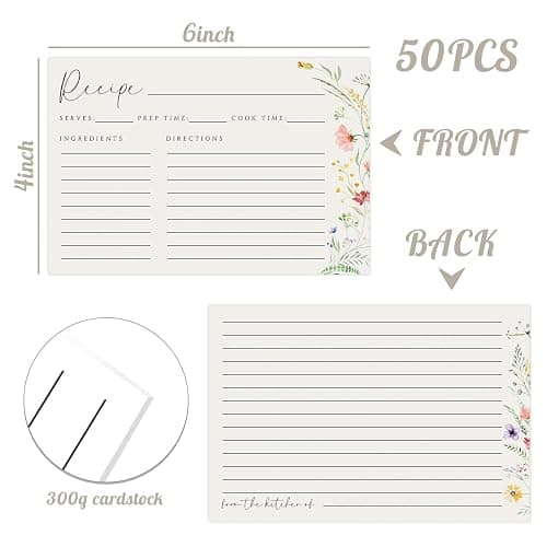 JOETMAE 50PCS Wildflower Recipe Cards - 4×6 In Double Sided | Thick Card stock|Blank|Wildflower Design|For Wedding, Bridal Shower, Baby Shower Kitchen Diaries Banquet Preparation thumbnail 3