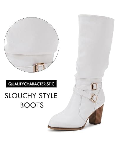 Ermonn Womens Mid Knee High Boots Chunky Heel Slouchy Metal Buckle Side Zipper Fashion Winter Shoes thumbnail 3