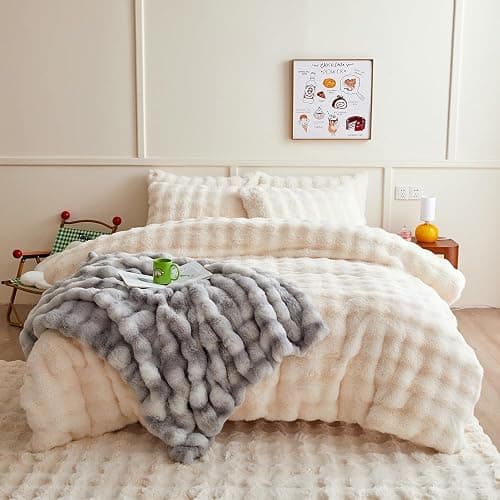 chovy Gray White Blanket for Couch - Bread Grid Rabbit Plush Soft Warm Blanket for Sofa Livingroom Bedroom Dorm Decor - 90x102 Inches thumbnail 4