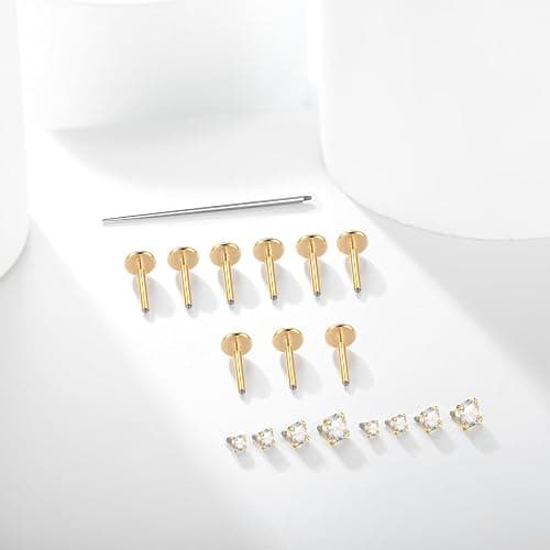 Xpircn 14K Gold Plated Flat Back Stud Earrings 316L Surgical Steel Internally Threaded CZ Stud Piercing Jewelry for Tragus Helix Cartilage Conch Nose Hypoallergenic Lip Labret Medusa Piercing 16G 18G thumbnail 2