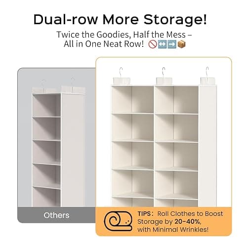 ALLTIDYUP White 5-Tier Hanging Closet Storage Organizer - Space-Saving Dual-Row Foldable Shelves with 3 Hooks, Wardrobe Organizer for Dorm, Bedroom, Clothes and Accessories thumbnail 3