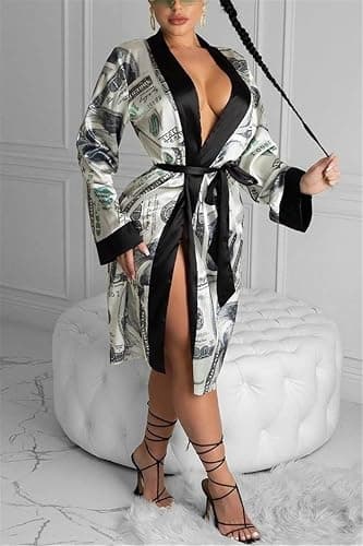 Andannby Women Money Print Silky Robes Long Sleeve Dollars Pattern Kimono Satin Robe Pjs Loungewear Sleepwear thumbnail 3