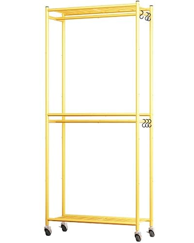 Sakugi Clothes Rack - 33.0" x 12.2" x 79.5" Clothing Rack with Shelves & Wheels, Multi-Functional Wardrobe Closet with Hooks, Sturdy Metal Garment Rack for Bedroom, Laundry, Balcony (Gold) thumbnail 3