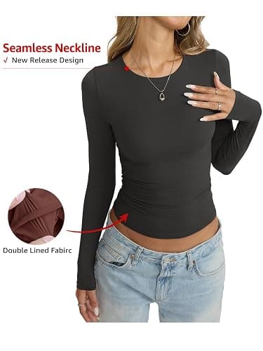 EasyGala Womens Double Lined Seamless Crew Neck Shirts Basic Long Sleeve Tops Sexy Slim Fit T Shirts Casual Fall Clothes thumbnail 3