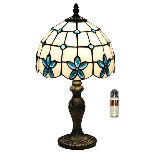 tuomoxte Tiffany Style Table Lamp, 8 Inch Stained Glass Lamp, Small Antique Table Lamp, Bedside Nightstand Lamp for Bedroom,Living Room Home Office, Blue Flower Pattern, Include LED Bulb - Image 1