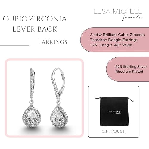 Lesa Michele 2 Cttw Cubic Zirconia Teardrop Dangle Earrings for Women Rhodium Plated 925 Sterling Silver thumbnail 3