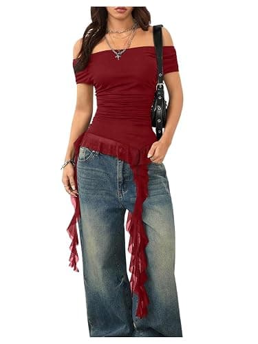 SweatyRocks Women's Off The Shoulder Asymmetrical Top Y2k T Shirts | Cap Sleeve Ruffle Mesh, Flowy Fit, Going Out, Country Concert Outfit - Image 1
