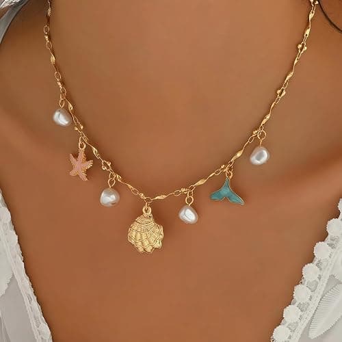 Shell Starfish Necklace for Women, 14k Gold Plated Boho Layered Beaded Charm Pendant Necklace, Dainty Adjustable Pearl Conch Summer Beach Vacation Jewelry Gifts thumbnail 3