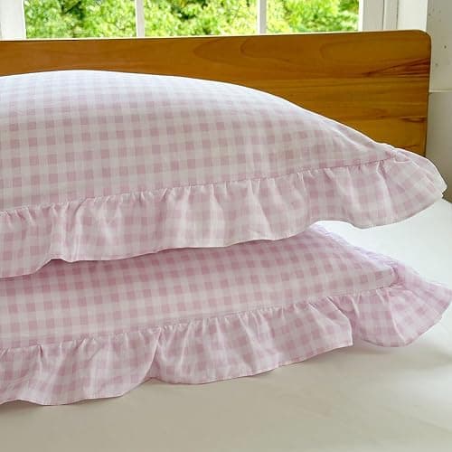 NSNLGSGC Pink Gingham Ruffle Duvet Cover Queen Size, 3 Pieces Soft Pre-Washed Microfiber Checked Plaid Comforter Cover Set, Vintage Farmhouse Bedding Set(Pink Gingham, Queen 90"x90") thumbnail 8