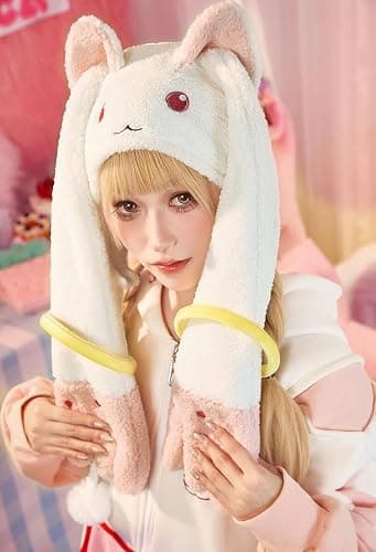 Micotaku Plush Hat Puella Magi Madoka Magica Kyubey Adorable Cosplay Accessory Pink and White thumbnail 7