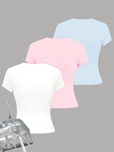 RoseSeek Girl's 3 Packs Graphic Tees Vacation Hibiscus Top Crewneck Short Sleeve Cute Summer T Shirt thumbnail 4
