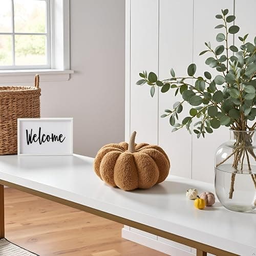Pearhead Rust Sherpa Pumpkin, Plush Stuffed Halloween Home Decorations, Modern Fall Home Decor, Rust | Burlap Stem, Halloween or Thanksgiving Decor, Plush and Soft Autumn Accent - Mantels, Shelves and Cozy Fall Home Styling thumbnail 6