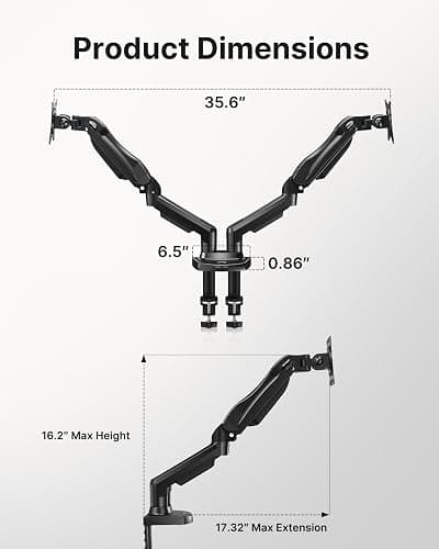 HUANUO Dual Monitor Stand - Full Adjustable Monitor Desk Mount Swivel Vesa Bracket with C Clamp, Grommet Mounting Base for 13 to 32 Inch Computer Screens - Each Arm Holds 4.4 to 19.8lbs thumbnail 5