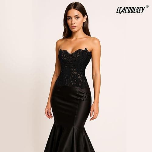 LEACOOLKEY Lacework Corset Top for Women Sexy Textured Sheer Floral Lace Bustier Going Out Lace-up Corset Overbust Top thumbnail 4