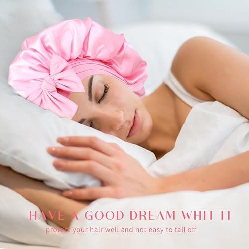 Silk Double Layer Satin Hair Bonnet with Elastic Tie Band for Curly Hair - Adjustable, Pink thumbnail 5