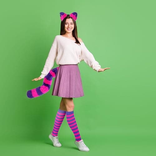 Matiniy Pink Purple Striped Cat Costume With Cat Ears,Furry Tail,Choker,Striped Socks Gloves for Women Halloween Dress up thumbnail 8