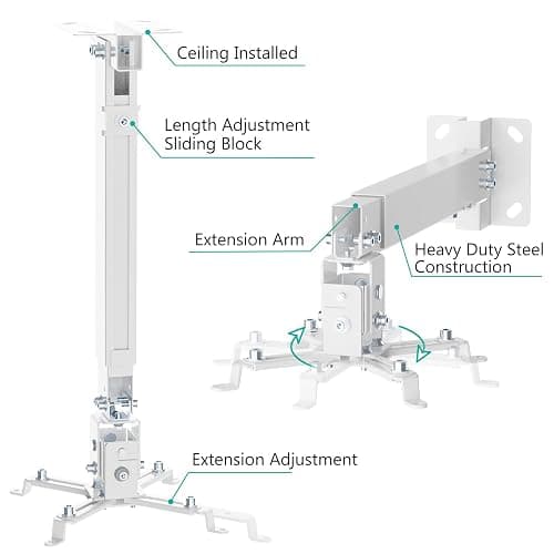 WALI Projector Mount Ceiling/Wall - Universal 3-in-1 Bracket with Extension Pole, Height Adjustable Holder for LCD/DLP Projectors, Supports up to 44lbs, White (PM-003-W) thumbnail 4